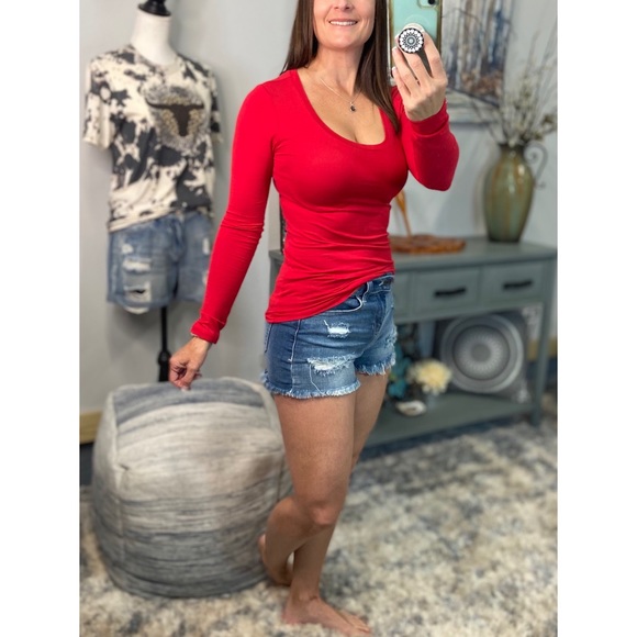 ❤️‍🔥Scoop Stretch Slimming Fitted Long Sleeve Shirt Red 1822 - Picture 6 of 9